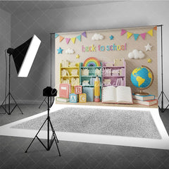 Aperturee - Aperturee Pastel Classroom Back To School Backdrop Bookshelves Globe Open Book Background Kindergarten Photography Prop