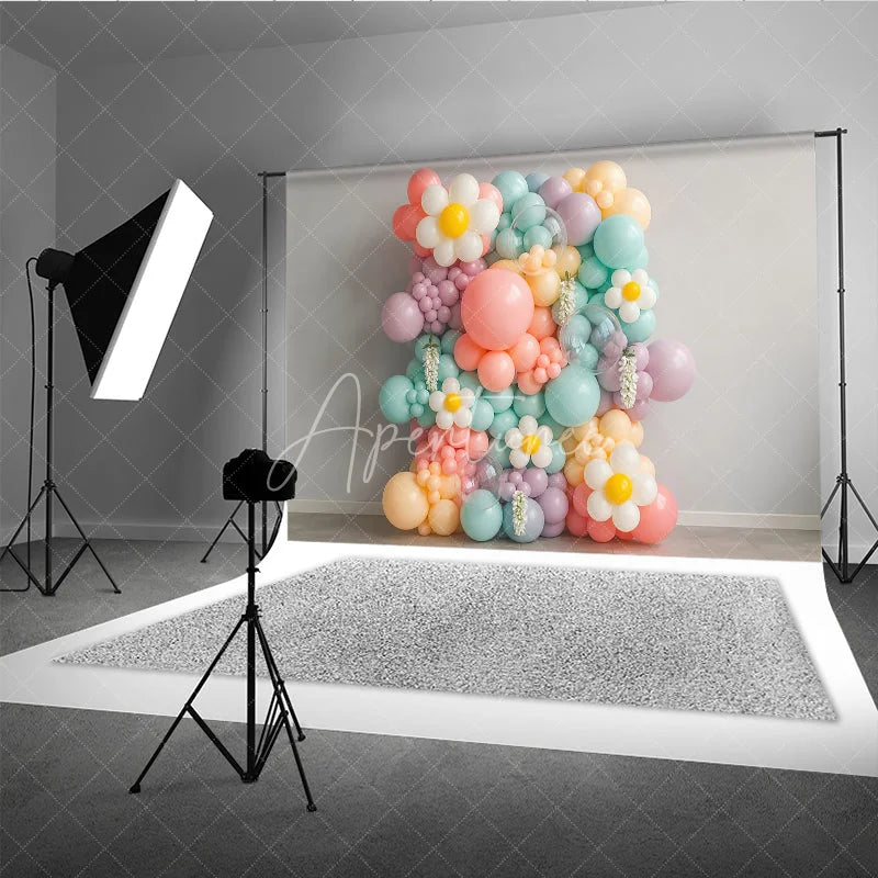 Aperturee - Aperturee Pastel Daisy Balloon Wall Photography Backdrop Groovy Floral Decor for First Birthday Cake Smash Photo Booth