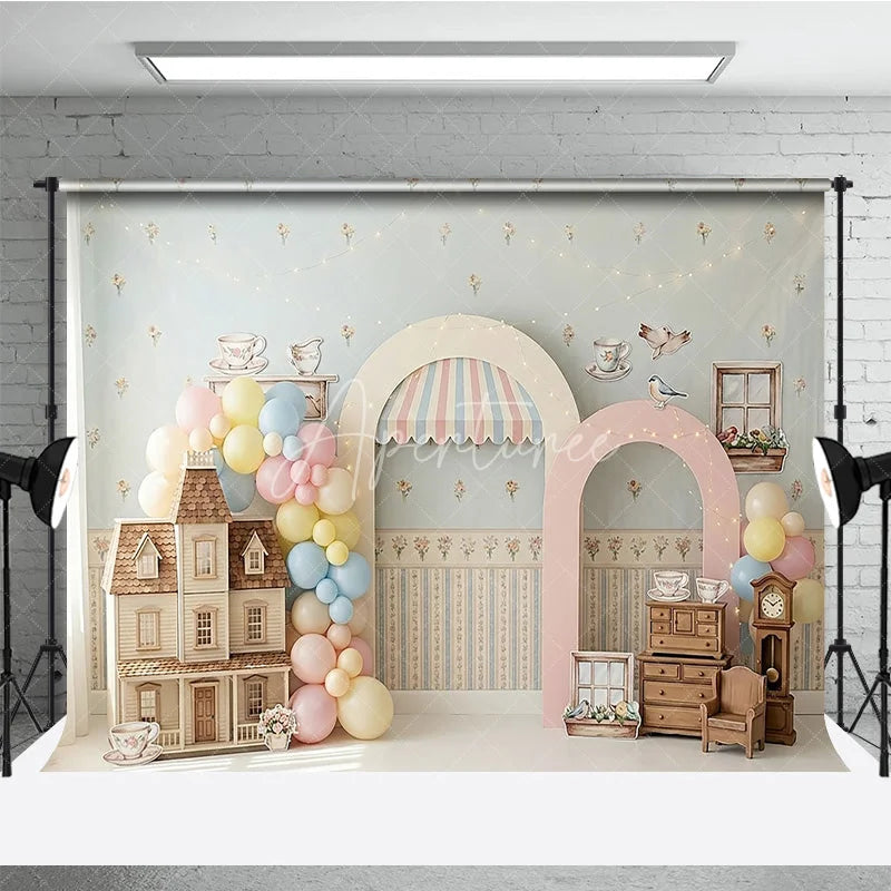 Aperturee - Aperturee Pastel Dollhouse and Tea Party Photography Backdrop Whimsical Floral Wallpaper Baby Shower Birthday Decor