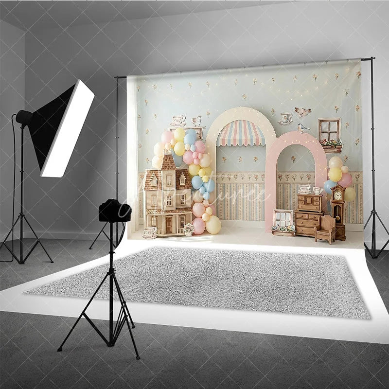 Aperturee - Aperturee Pastel Dollhouse and Tea Party Photography Backdrop Whimsical Floral Wallpaper Baby Shower Birthday Decor