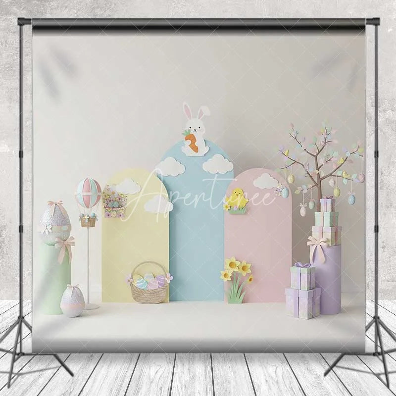 Aperturee - Aperturee Pastel Easter Backdrop Bunny on Cloud Hot Air Balloon Gift Box Photography Background Spring Party Decoration