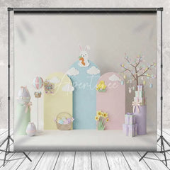 Aperturee - Aperturee Pastel Easter Backdrop Bunny on Cloud Hot Air Balloon Gift Box Photography Background Spring Party Decoration