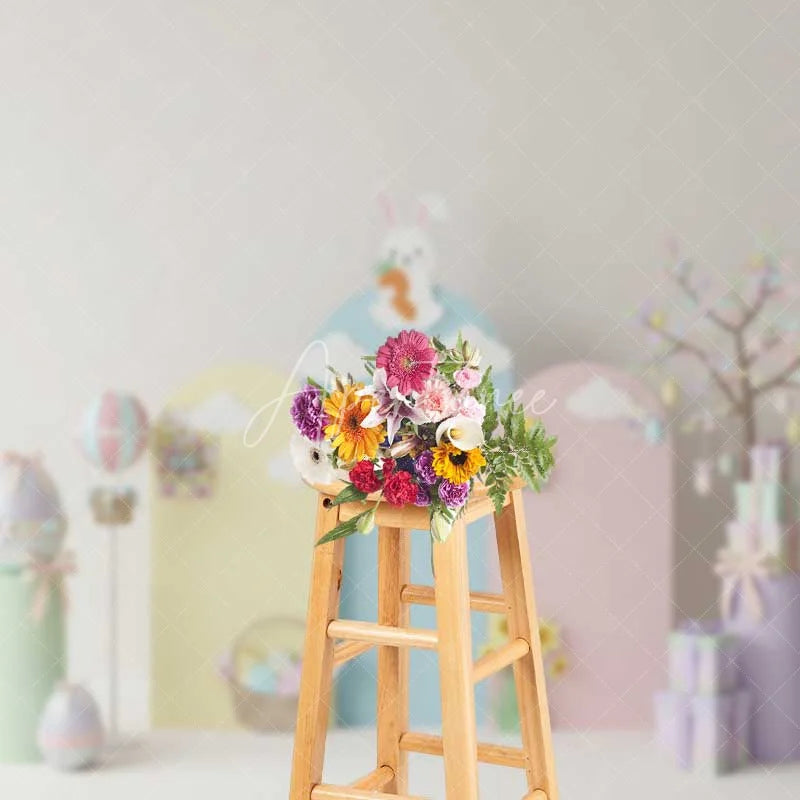Aperturee - Aperturee Pastel Easter Backdrop Bunny on Cloud Hot Air Balloon Gift Box Photography Background Spring Party Decoration