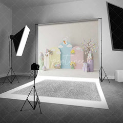 Aperturee - Aperturee Pastel Easter Backdrop Bunny on Cloud Hot Air Balloon Gift Box Photography Background Spring Party Decoration