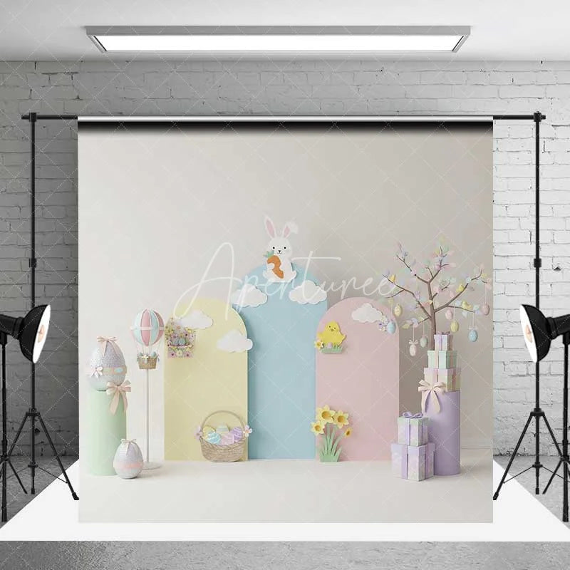 Aperturee - Aperturee Pastel Easter Backdrop Bunny on Cloud Hot Air Balloon Gift Box Photography Background Spring Party Decoration