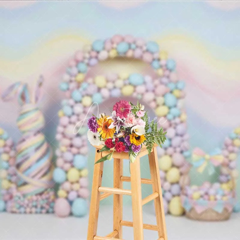 Aperturee - Aperturee Pastel Easter Backdrop Colorful Egg Arches Abstract Bunny Ribbon Photography Background Baby Shower Decoration