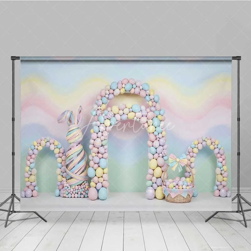 Aperturee - Aperturee Pastel Easter Backdrop Colorful Egg Arches Abstract Bunny Ribbon Photography Background Baby Shower Decoration