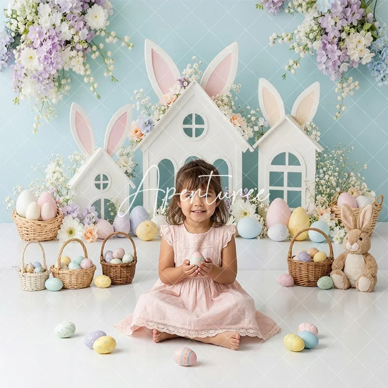 Aperturee - Aperturee Pastel Easter Bunny Ears White Houses Spring Flowers Combo Set Backdrop Baby Shower Kids Party Decor