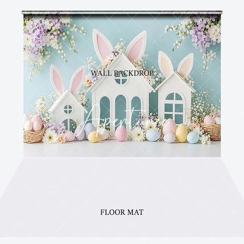 Aperturee - Aperturee Pastel Easter Bunny Ears White Houses Spring Flowers Combo Set Backdrop Baby Shower Kids Party Decor