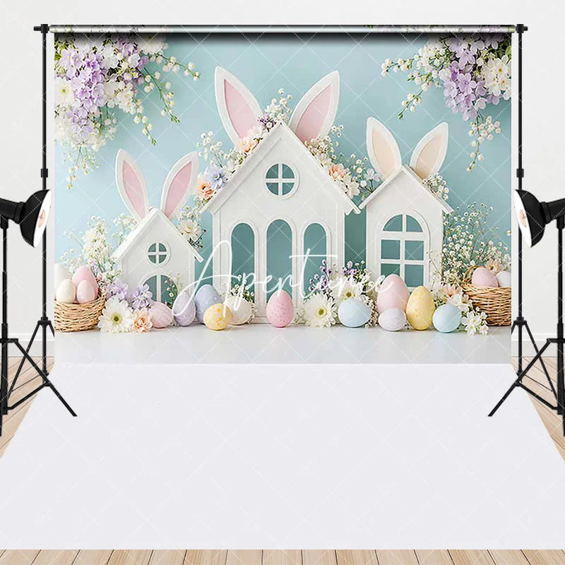 Aperturee - Aperturee Pastel Easter Bunny Ears White Houses Spring Flowers Combo Set Backdrop Baby Shower Kids Party Decor