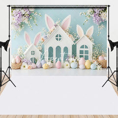 Aperturee - Aperturee Pastel Easter Bunny Ears White Houses Spring Flowers Combo Set Backdrop Baby Shower Kids Party Decor