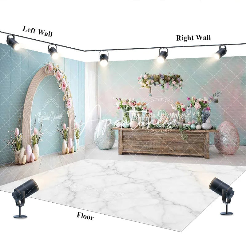 Aperturee - Aperturee Pastel Easter Floral Arch Room Set Backdrop Spring Eggs and Flowers Celebration Photo Studio Background