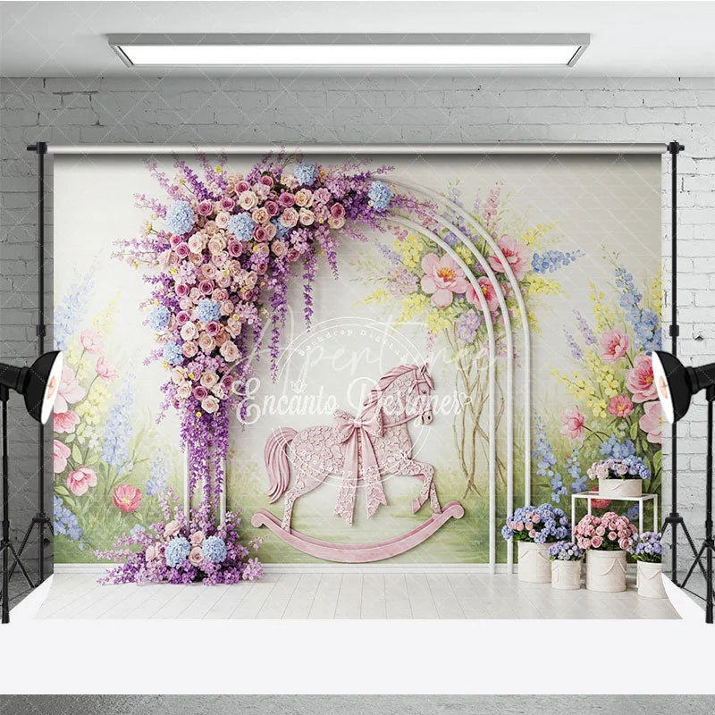 Aperturee - Aperturee Pastel Floral Arch and Pink Rocking Horse Photography Backdrop Whimsical Garden Baby Shower Birthday Party Decor