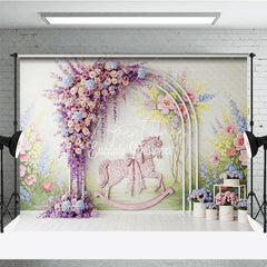 Aperturee - Aperturee Pastel Floral Arch and Pink Rocking Horse Photography Backdrop Whimsical Garden Baby Shower Birthday Party Decor