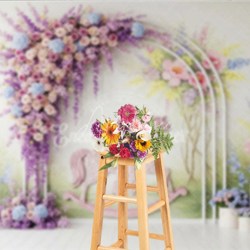 Aperturee - Aperturee Pastel Floral Arch and Pink Rocking Horse Photography Backdrop Whimsical Garden Baby Shower Birthday Party Decor