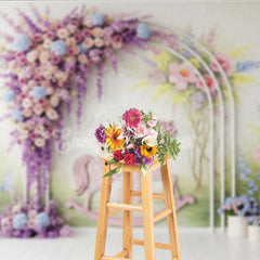 Aperturee - Aperturee Pastel Floral Arch and Pink Rocking Horse Photography Backdrop Whimsical Garden Baby Shower Birthday Party Decor
