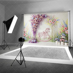 Aperturee - Aperturee Pastel Floral Arch and Pink Rocking Horse Photography Backdrop Whimsical Garden Baby Shower Birthday Party Decor