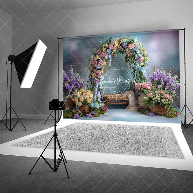 Aperturee - Aperturee Pastel Floral Arch Photography Backdrop Pink Blue and Yellow Roses Spring Garden Wedding Photo Background