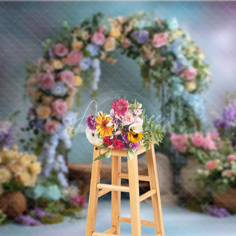 Aperturee - Aperturee Pastel Floral Arch Photography Backdrop Pink Blue and Yellow Roses Spring Garden Wedding Photo Background
