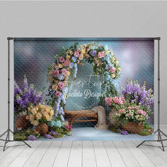 Aperturee - Aperturee Pastel Floral Arch Photography Backdrop Pink Blue and Yellow Roses Spring Garden Wedding Photo Background