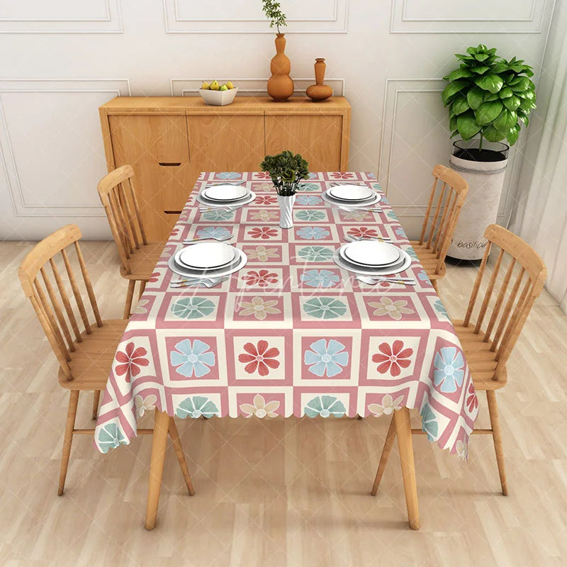 Aperturee - Aperturee Pastel Geometric Floral Rectangle Tablecloth Soft Flower Square Table Cover Boho Chic Dining Decor