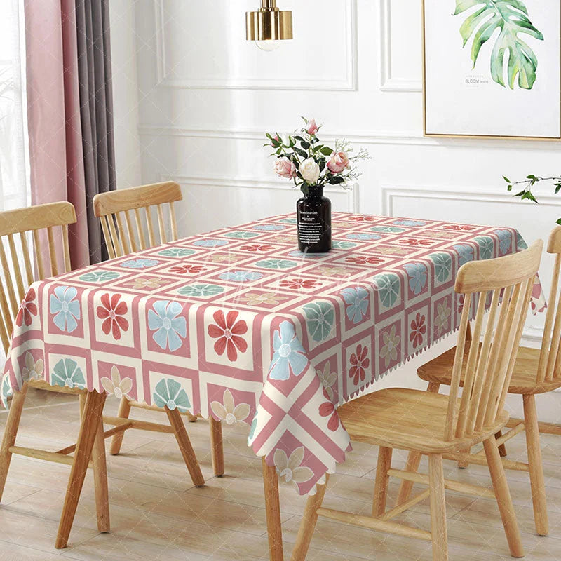 Aperturee - Aperturee Pastel Geometric Floral Rectangle Tablecloth Soft Flower Square Table Cover Boho Chic Dining Decor
