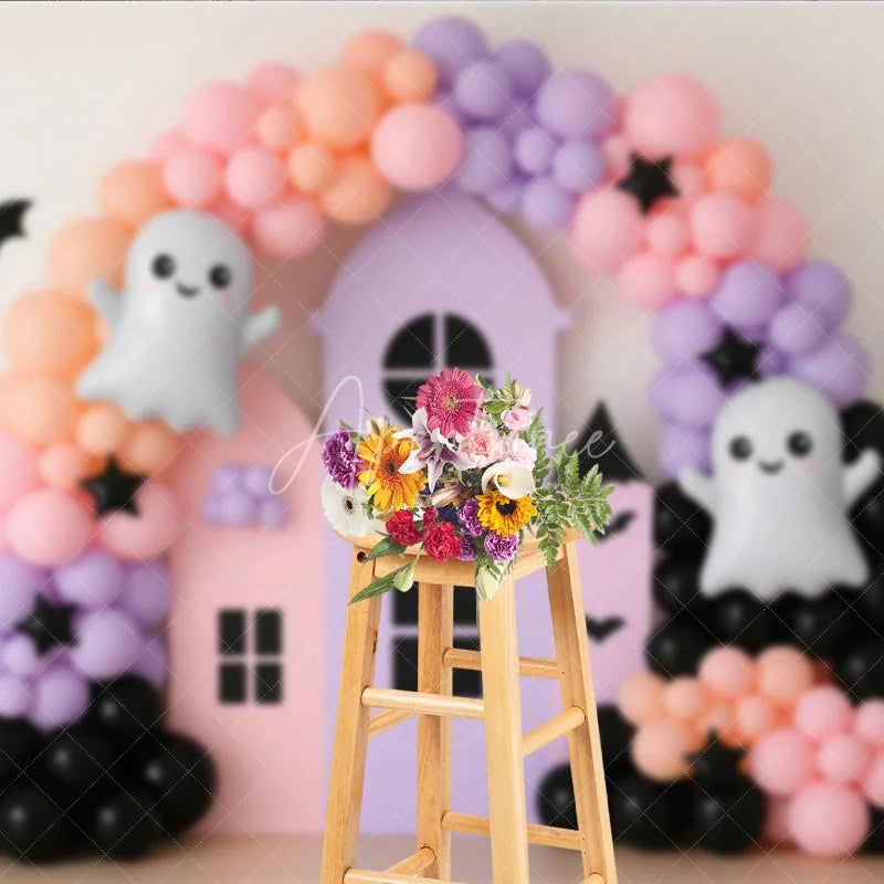 Aperturee - Aperturee Pastel Halloween Balloon Arch Photography Backdrop Cute Ghost with Pink and Purple Haunted House Girly Spooky Party