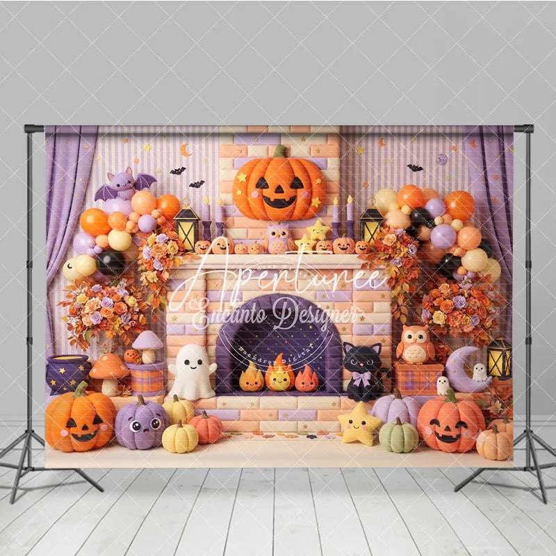 Aperturee - Aperturee Pastel Halloween Photography Backdrop with Cute Pumpkins Ghosts and Bats on a Fireplace Mantel perfect for Kids