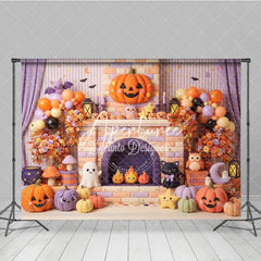 Aperturee - Aperturee Pastel Halloween Photography Backdrop with Cute Pumpkins Ghosts and Bats on a Fireplace Mantel perfect for Kids