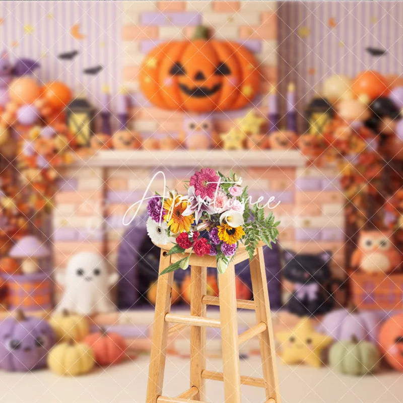 Aperturee - Aperturee Pastel Halloween Photography Backdrop with Cute Pumpkins Ghosts and Bats on a Fireplace Mantel perfect for Kids