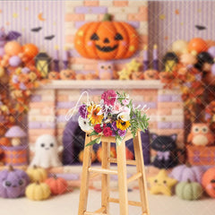Aperturee - Aperturee Pastel Halloween Photography Backdrop with Cute Pumpkins Ghosts and Bats on a Fireplace Mantel perfect for Kids