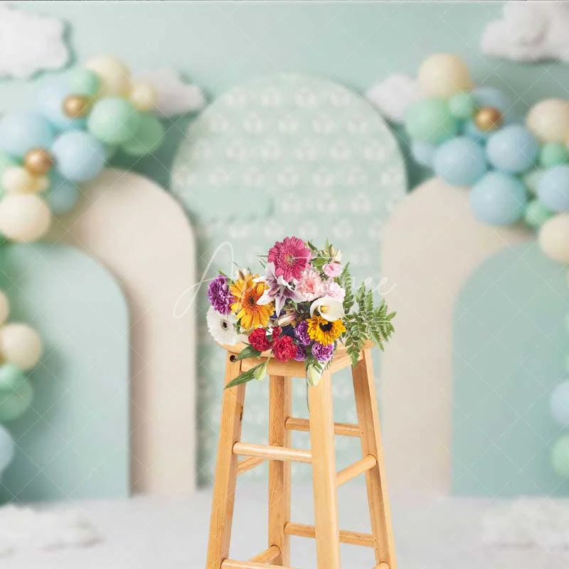 Aperturee - Aperturee Pastel Hot Air Balloon Photography Backdrop Mint Green Clouds Party Banner