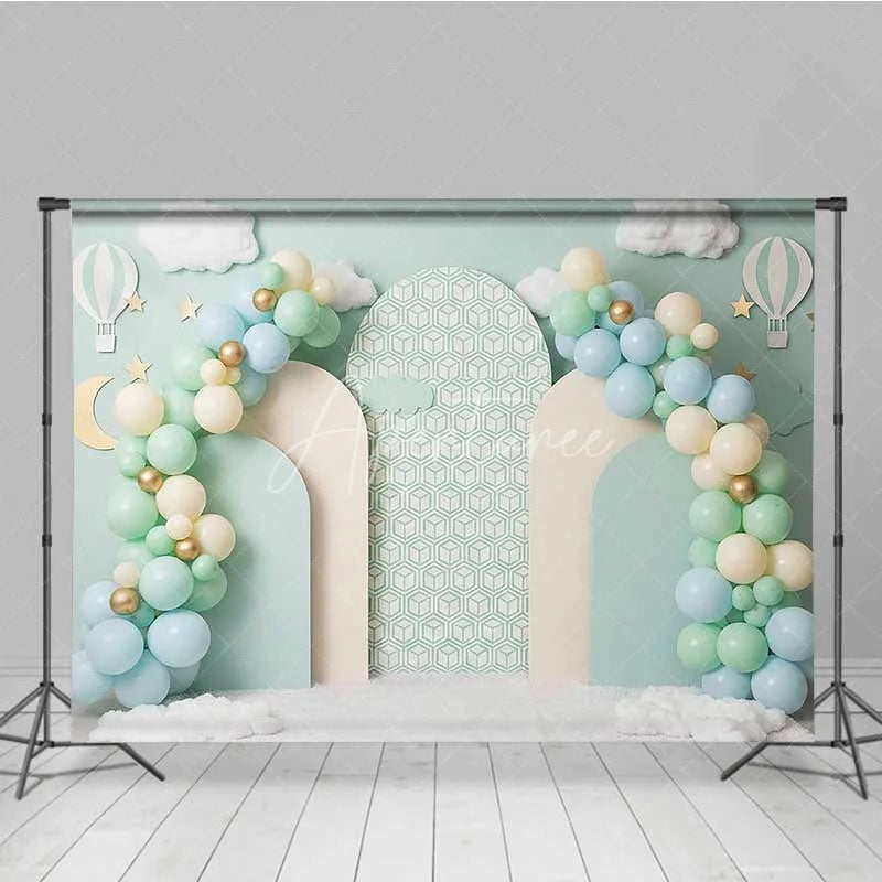 Aperturee - Aperturee Pastel Hot Air Balloon Photography Backdrop Mint Green Clouds Party Banner