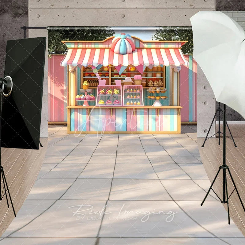 Aperturee - Aperturee Pastel Ice Cream Stand Cake Smash Backdrop Sweet Cupcakes and Candy Shop Sweep Portrait Studio Background