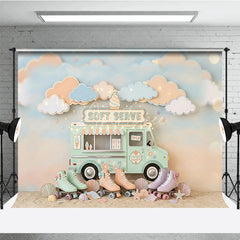 Aperturee - Aperturee Pastel Ice Cream Truck and Roller Skates Photography Backdrop Whimsical Soft Serve Summer Party Decor