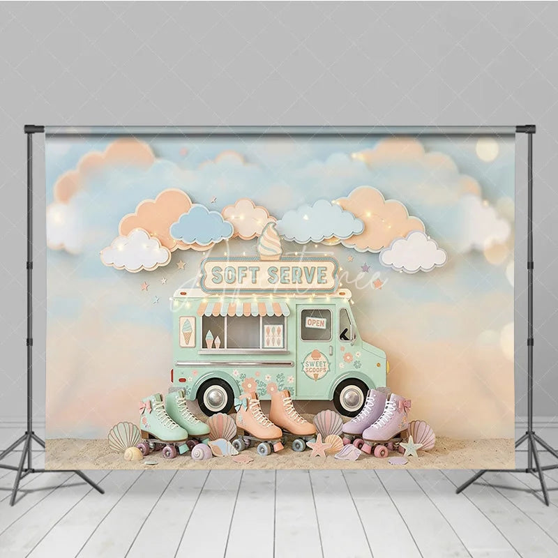 Aperturee - Aperturee Pastel Ice Cream Truck and Roller Skates Photography Backdrop Whimsical Soft Serve Summer Party Decor