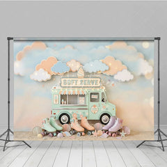 Aperturee - Aperturee Pastel Ice Cream Truck and Roller Skates Photography Backdrop Whimsical Soft Serve Summer Party Decor