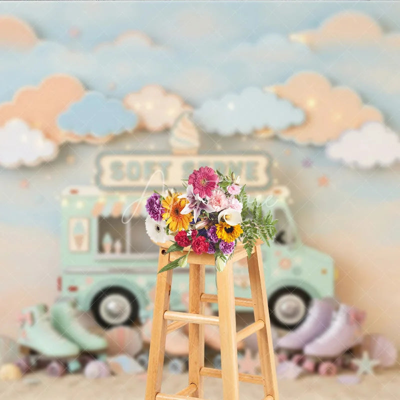 Aperturee - Aperturee Pastel Ice Cream Truck and Roller Skates Photography Backdrop Whimsical Soft Serve Summer Party Decor