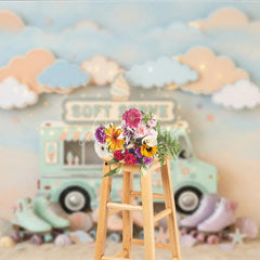 Aperturee - Aperturee Pastel Ice Cream Truck and Roller Skates Photography Backdrop Whimsical Soft Serve Summer Party Decor
