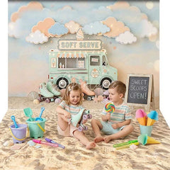 Aperturee - Aperturee Pastel Ice Cream Truck Soft Serve Combo Set Backdrop with Roller Skates Dreamy Clouds and Beach Sand for Summer Party