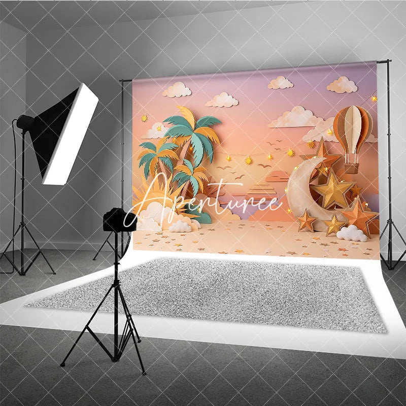 Aperturee - Aperturee Pastel Paper Art Tropical Dream Photography Backdrop with Palm Trees Moon Stars and Hot Air Balloon Baby Shower.