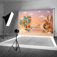 Aperturee - Aperturee Pastel Paper Art Tropical Dream Photography Backdrop with Palm Trees Moon Stars and Hot Air Balloon Baby Shower.