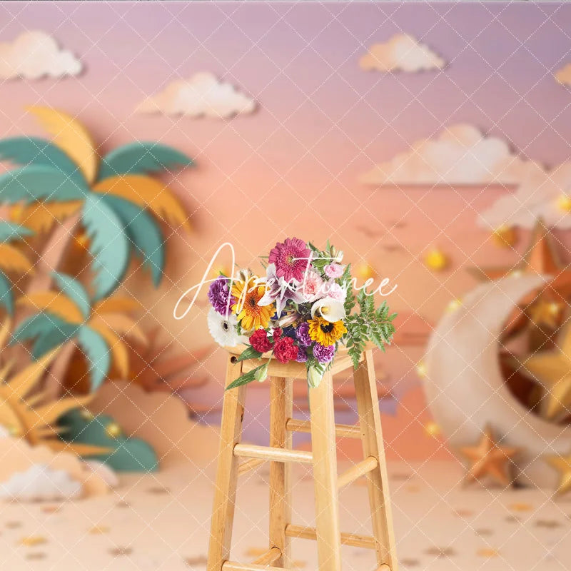 Aperturee - Aperturee Pastel Paper Art Tropical Dream Photography Backdrop with Palm Trees Moon Stars and Hot Air Balloon Baby Shower.