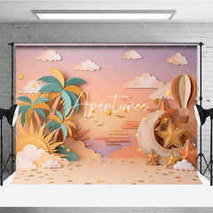 Aperturee - Aperturee Pastel Paper Art Tropical Dream Photography Backdrop with Palm Trees Moon Stars and Hot Air Balloon Baby Shower.