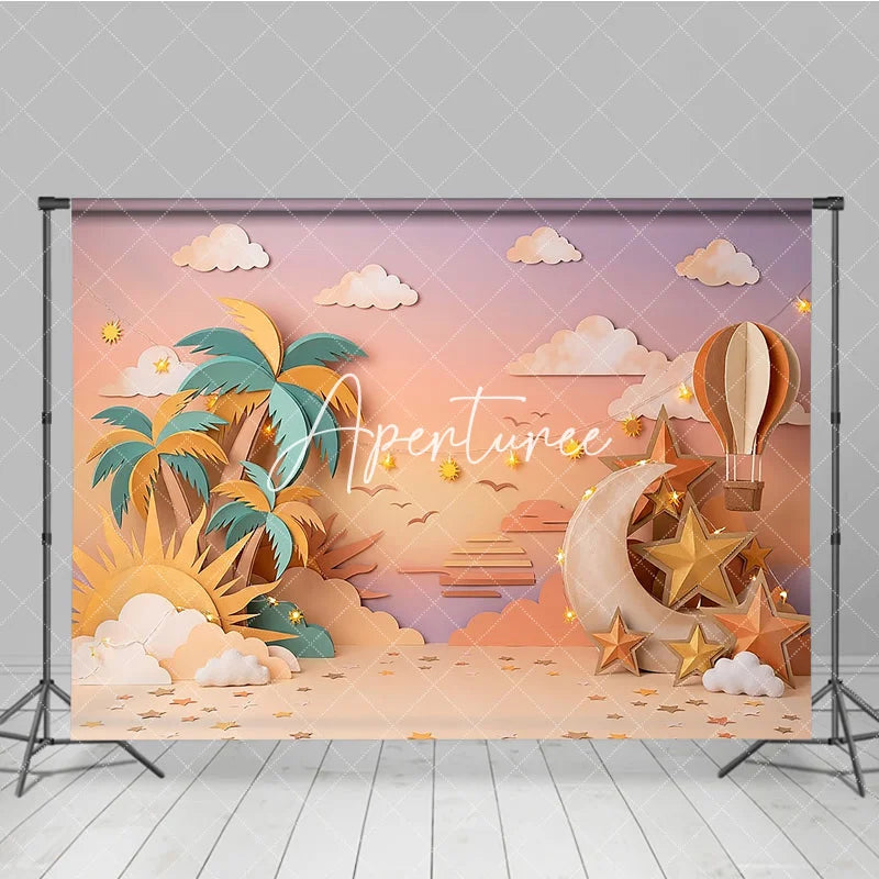 Aperturee - Aperturee Pastel Paper Art Tropical Dream Photography Backdrop with Palm Trees Moon Stars and Hot Air Balloon Baby Shower.