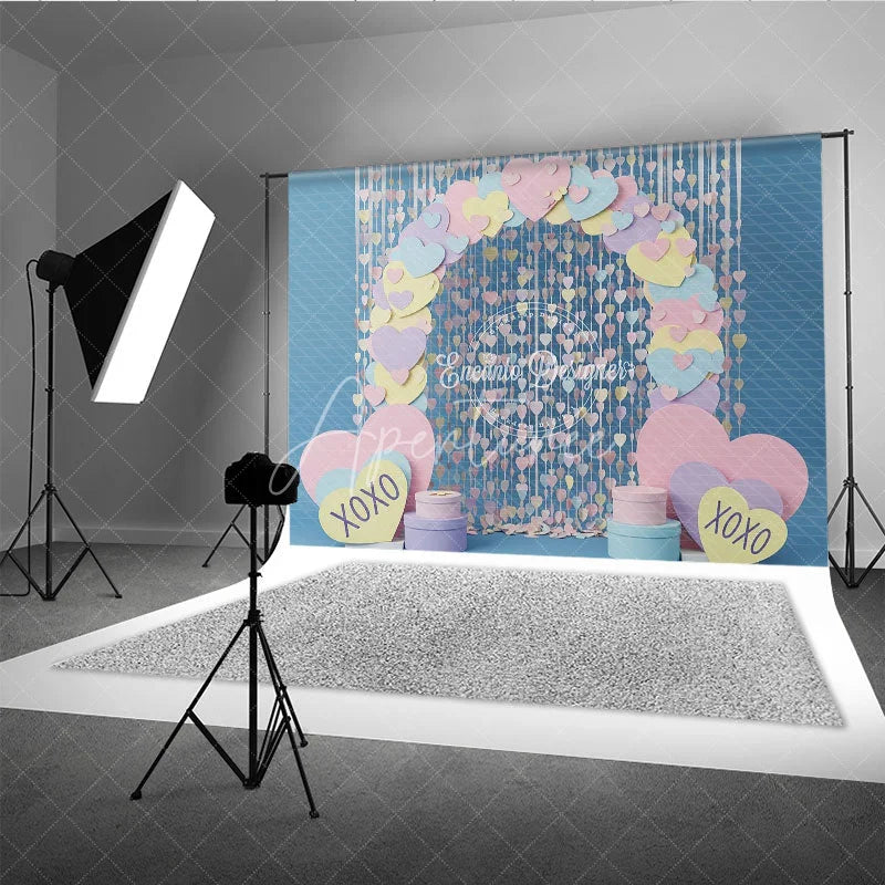 Aperturee - Aperturee Pastel Paper Hearts Valentine Day Backdrop Sweet Love XOXO Hanging Streamers Background Party Photography Decor