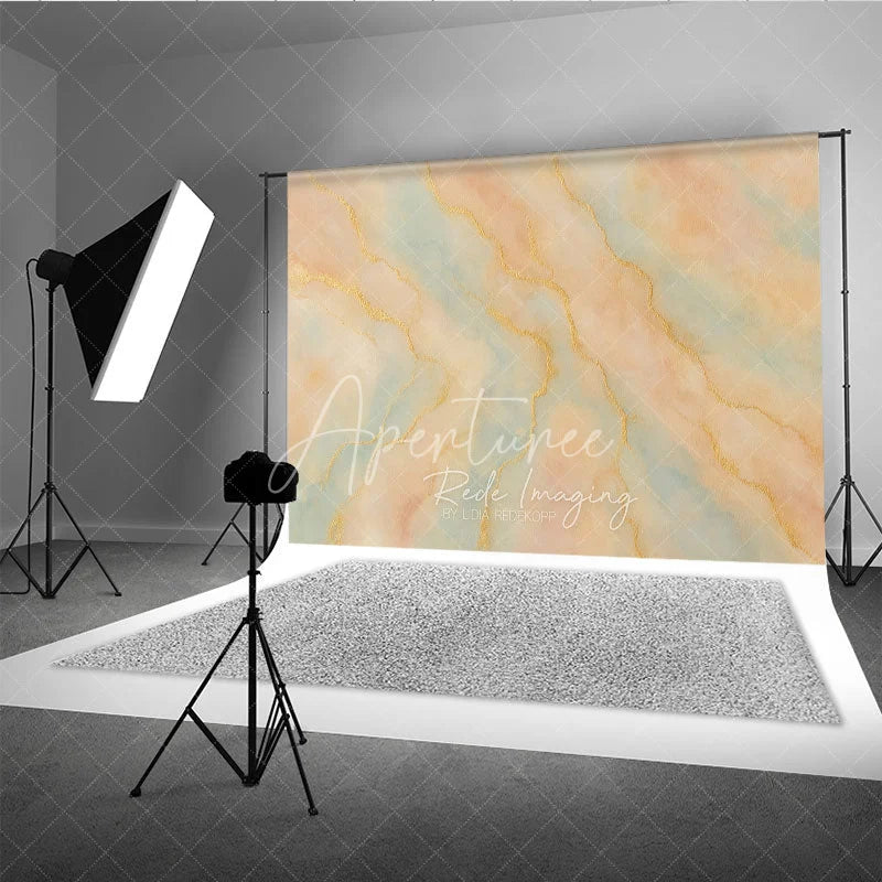 Aperturee - Aperturee Pastel Peach and Blue Abstract Watercolor Photography Backdrop Elegant Gold Veins Artistic Studio Prop