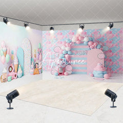 Aperturee - Aperturee Pastel Pink and Blue Candy Land Sweet Shop Room Set Backdrop Ice Cream Donut Balloon Arch Birthday Party Decor