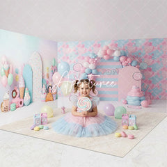 Aperturee - Aperturee Pastel Pink and Blue Candy Land Sweet Shop Room Set Backdrop Ice Cream Donut Balloon Arch Birthday Party Decor