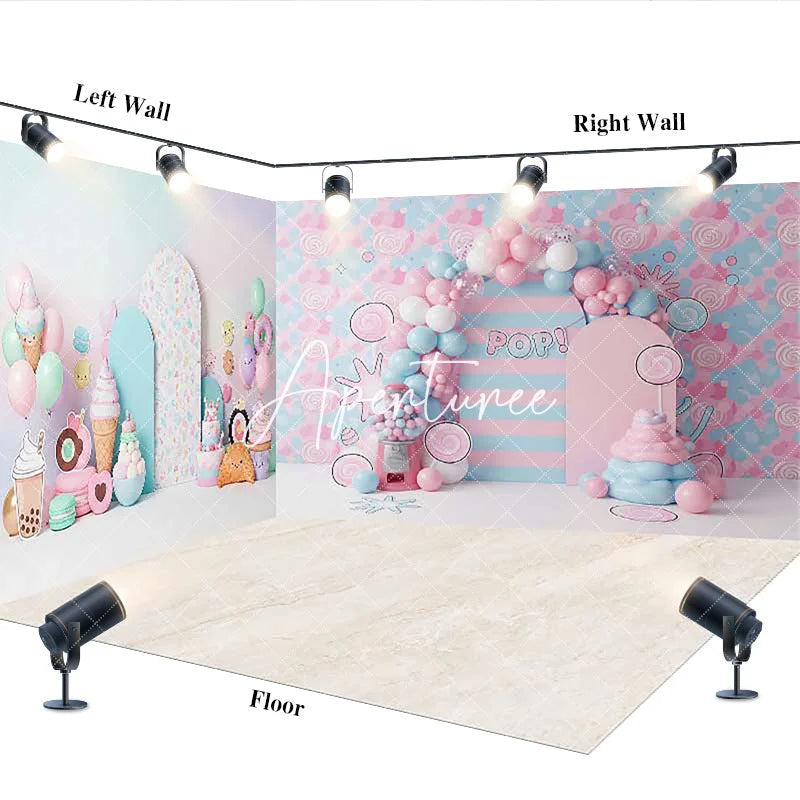 Aperturee - Aperturee Pastel Pink and Blue Candy Land Sweet Shop Room Set Backdrop Ice Cream Donut Balloon Arch Birthday Party Decor